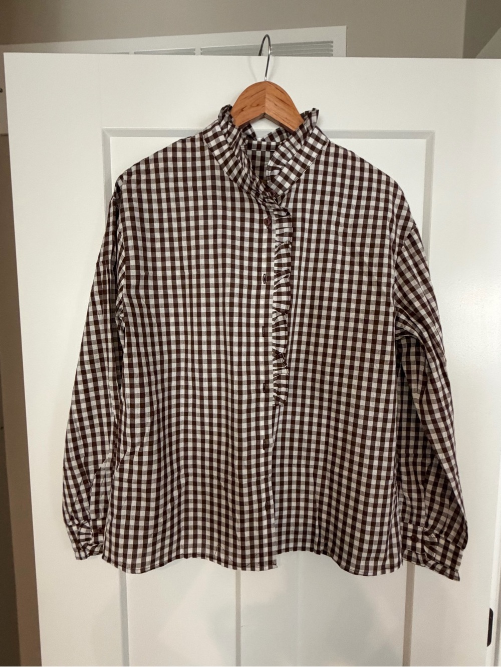 Brown and White Gingham Ruffle-Neck Button Down Shirt
